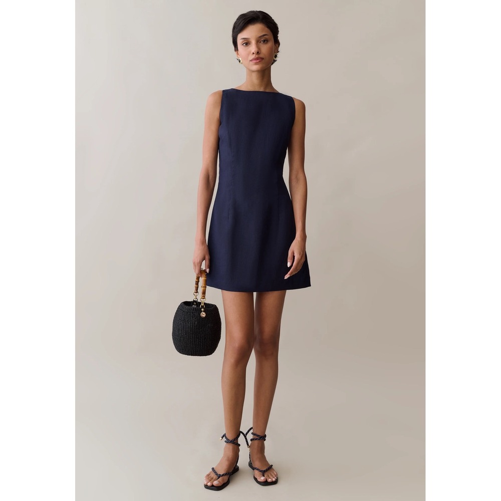 Kourt Lauren Navy Blue 100% Linen Sleeveless Boat Neck A-Line Mini Dress Med